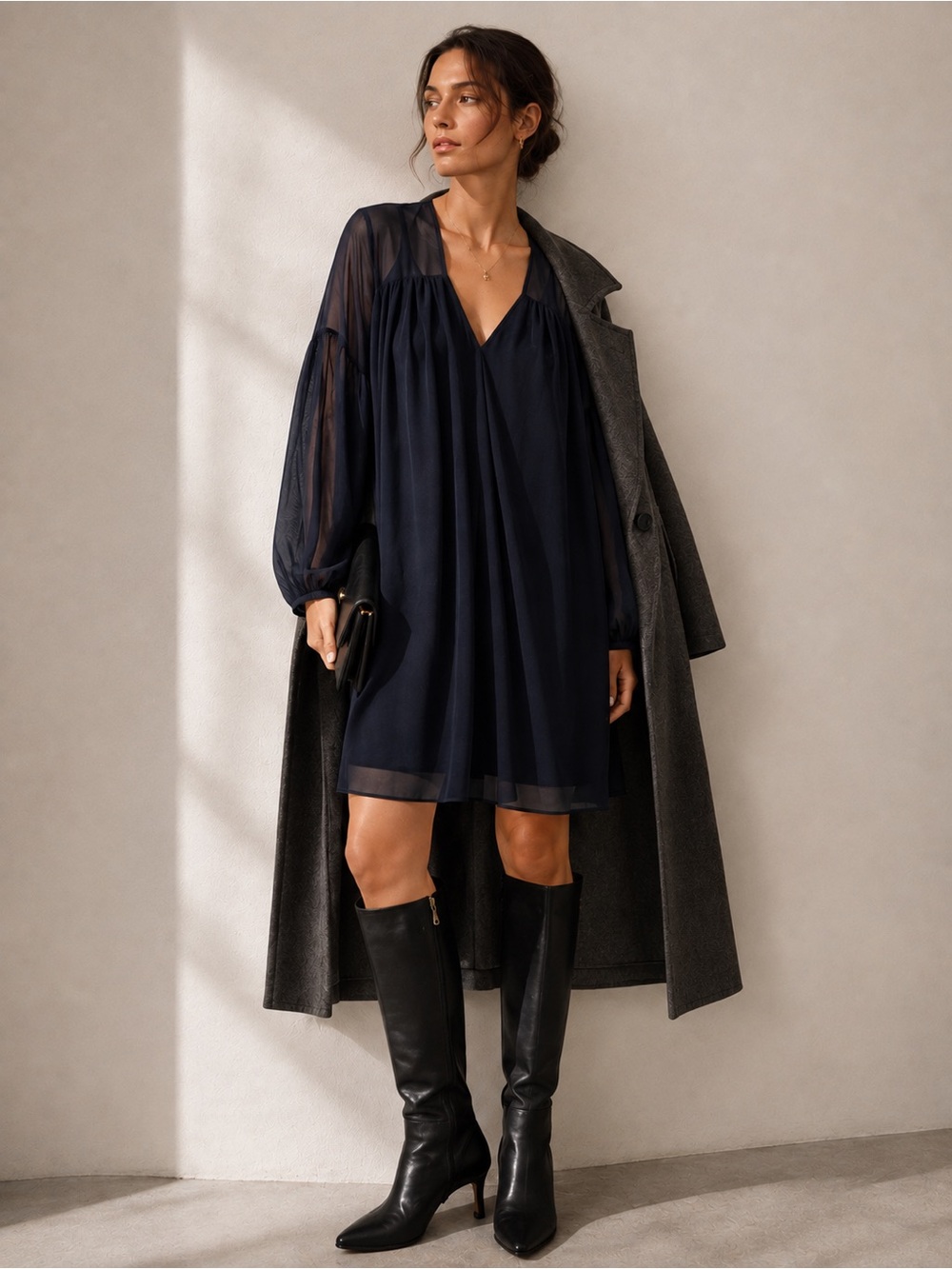 MASSIMO DUTTI NAVY BLUE CHIFFON OVERLAY BUSINESS CASUAL DRESS SZ S